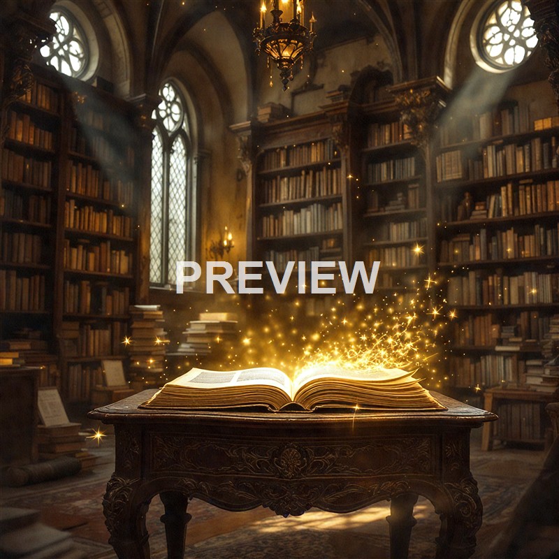 An open book on an ornate wooden table in a grand, old library with tall bookshelves, arched windows, and a chandelier, with glowing golden sparks emanating from the book.